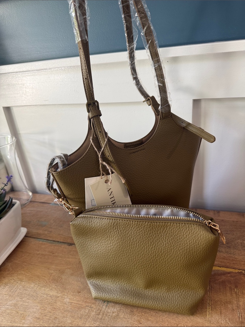 Antik Kraft Olive Vegan Leather Crossbody Shoulder Bag NWT